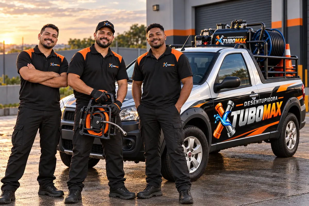 Equipe da Desentupidora TuboMax com uniforme preto e laranja
